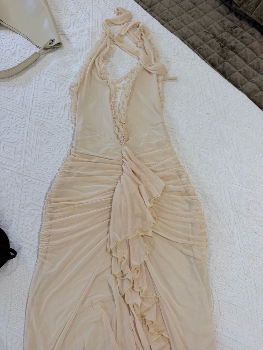 Soft Beige Halter Maxi Dress with Front Ruffle